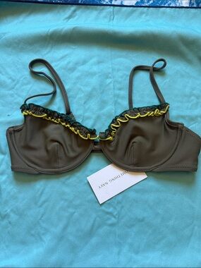 Something Navy Olive Swim Top with Yellow Ruffle Trim NWT